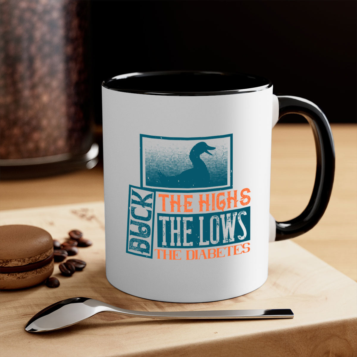 Duck The Highs Duck The Lows Diabetes Mug with colorful handle and glossy finish, available in multiple sizes.