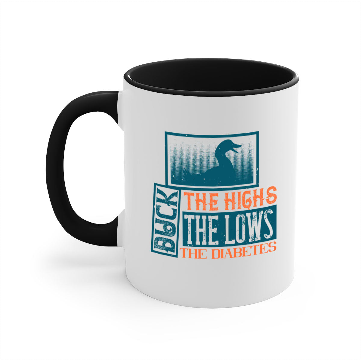 Duck The Highs Duck The Lows Diabetes Mug with colorful handle and glossy finish, available in multiple sizes.