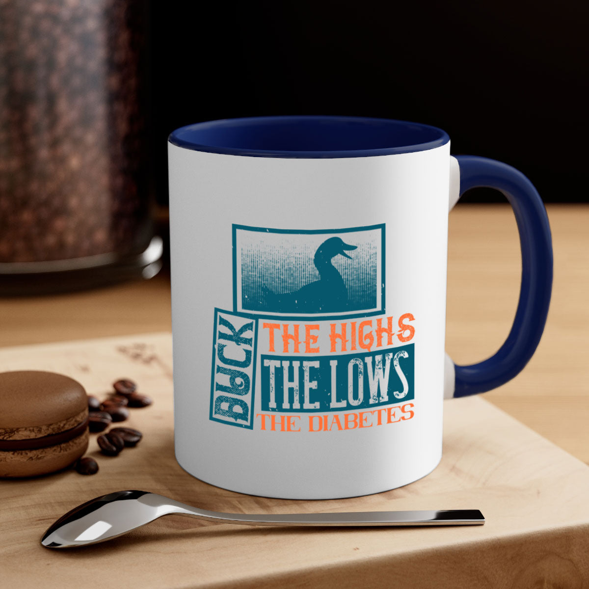 Duck The Highs Duck The Lows Diabetes Mug with colorful handle and glossy finish, available in multiple sizes.
