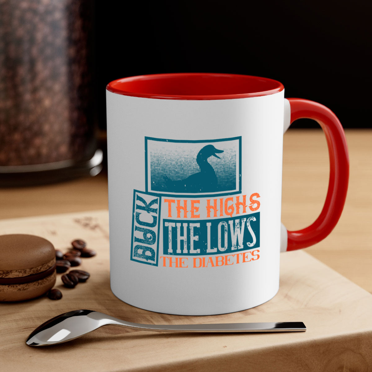 Duck The Highs Duck The Lows Diabetes Mug with colorful handle and glossy finish, available in multiple sizes.