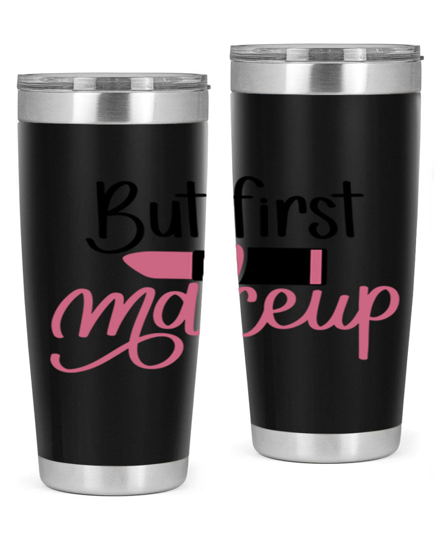 DXF But First Makeup Tumbler in stylish design, showcasing double wall vacuum stainless steel with copper lining.