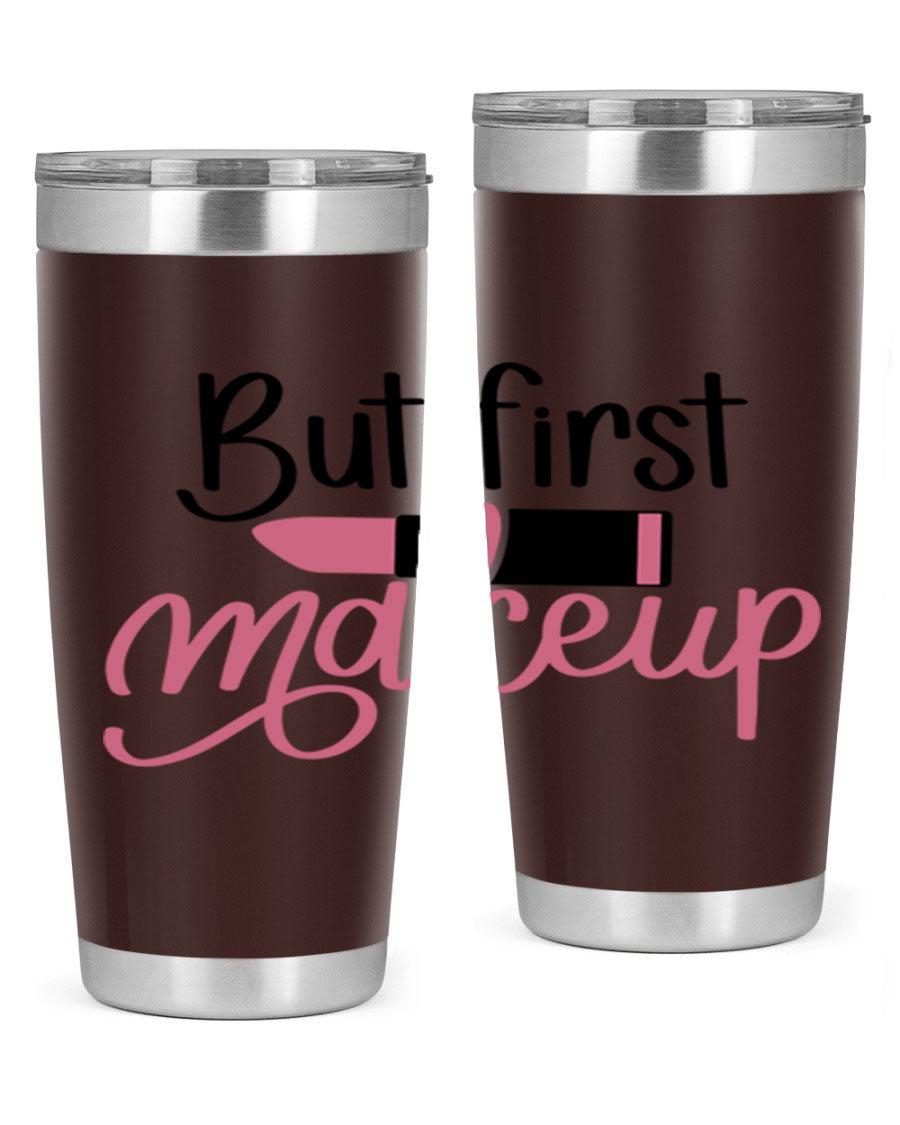 DXF But First Makeup Tumbler in stylish design, showcasing double wall vacuum stainless steel with copper lining.