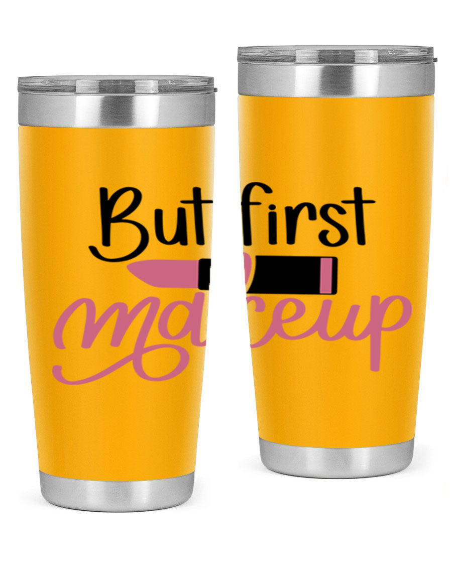 DXF But First Makeup Tumbler in stylish design, showcasing double wall vacuum stainless steel with copper lining.