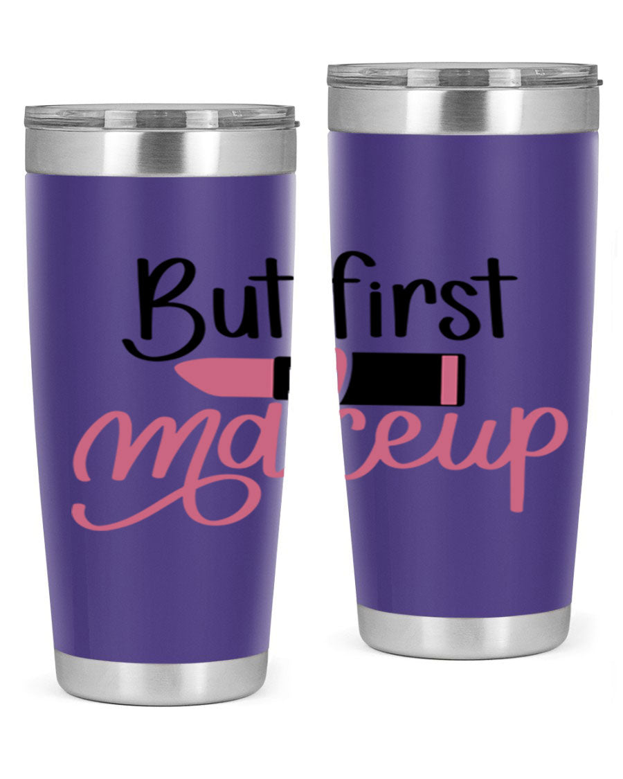 DXF But First Makeup Tumbler in stylish design, showcasing double wall vacuum stainless steel with copper lining.