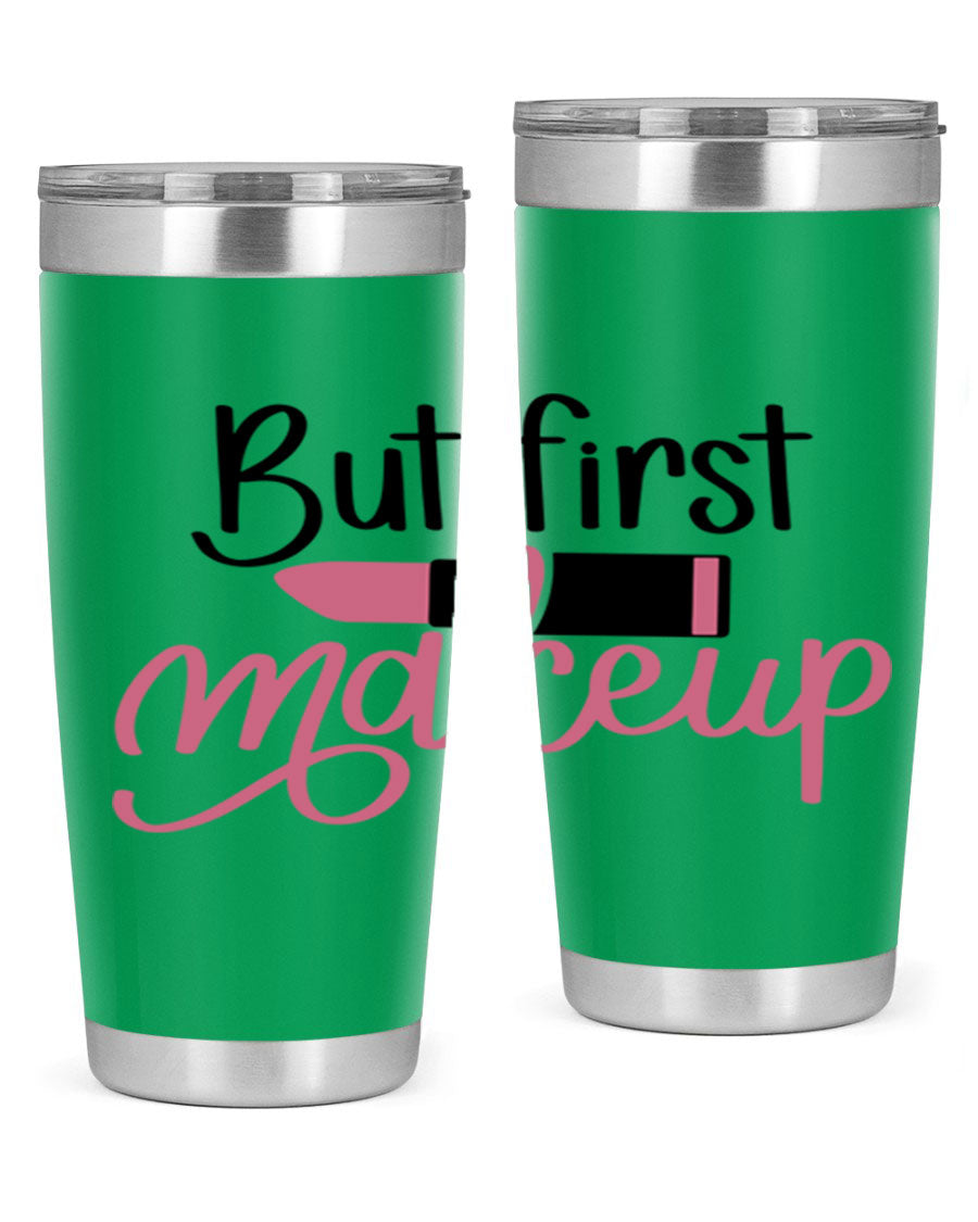 DXF But First Makeup Tumbler in stylish design, showcasing double wall vacuum stainless steel with copper lining.