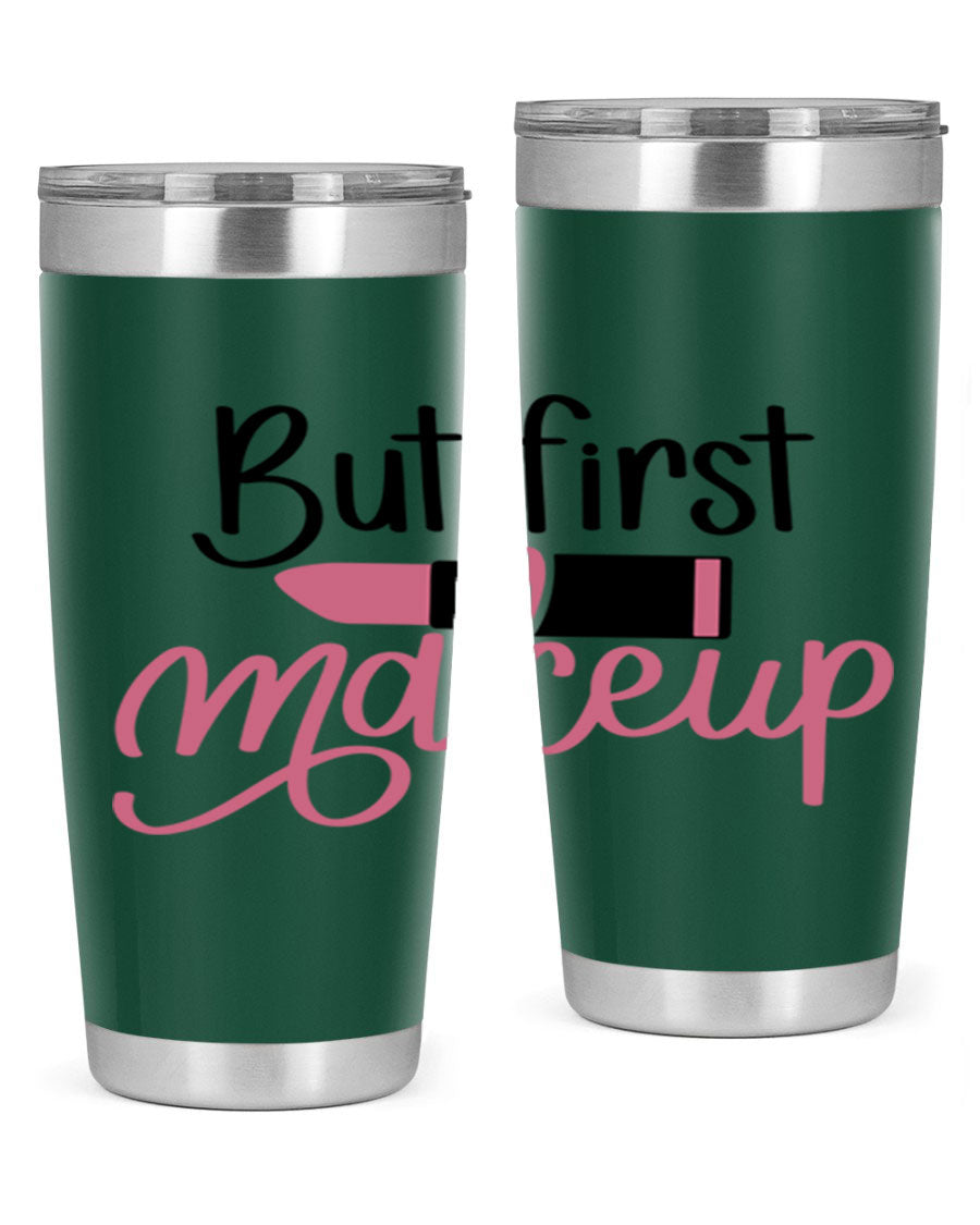 DXF But First Makeup Tumbler in stylish design, showcasing double wall vacuum stainless steel with copper lining.