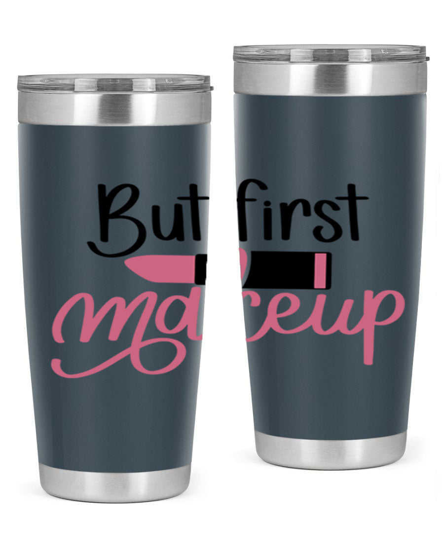 DXF But First Makeup Tumbler in stylish design, showcasing double wall vacuum stainless steel with copper lining.