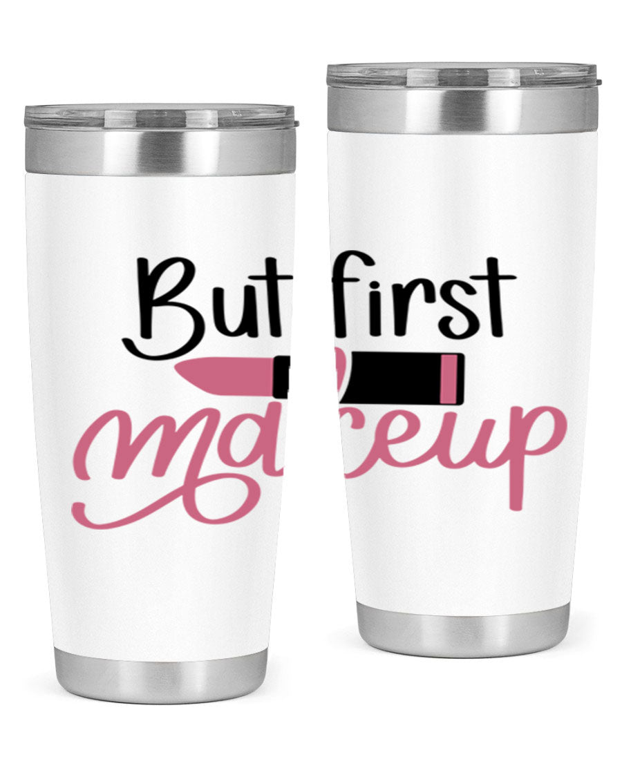 DXF But First Makeup Tumbler in stylish design, showcasing double wall vacuum stainless steel with copper lining.