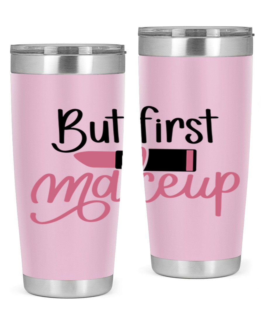 DXF But First Makeup Tumbler in stylish design, showcasing double wall vacuum stainless steel with copper lining.