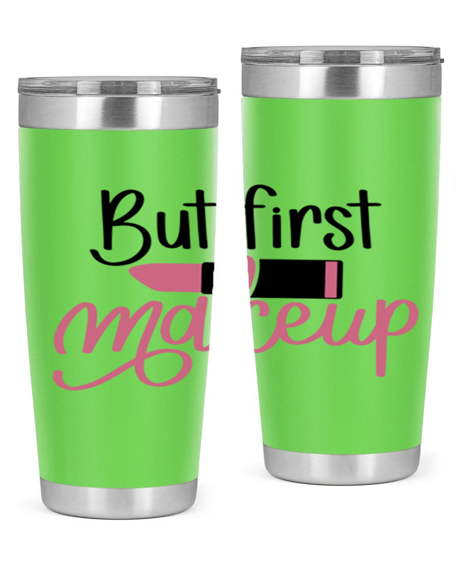 DXF But First Makeup Tumbler in stylish design, showcasing double wall vacuum stainless steel with copper lining.