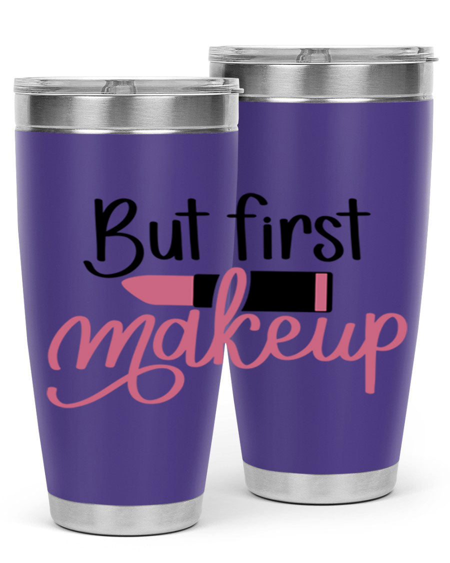 DXF But First Makeup Tumbler in stylish design, showcasing double wall vacuum stainless steel with copper lining.