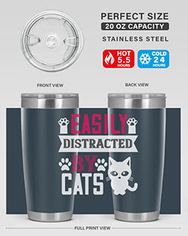 Easily Distracted by Cats Style 47# Tumbler in stainless steel with a vibrant cat-themed design, perfect for hot and cold beverages.