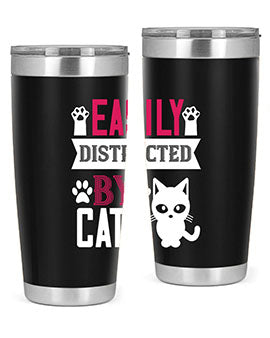 Easily Distracted by Cats Style 47# Tumbler in stainless steel with a vibrant cat-themed design, perfect for hot and cold beverages.