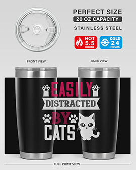 Easily Distracted by Cats Style 47# Tumbler in stainless steel with a vibrant cat-themed design, perfect for hot and cold beverages.