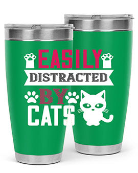 Easily Distracted by Cats Style 47# Tumbler in stainless steel with a vibrant cat-themed design, perfect for hot and cold beverages.