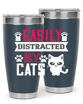 Easily Distracted by Cats Style 47# Tumbler in stainless steel with a vibrant cat-themed design, perfect for hot and cold beverages.