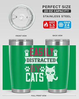 Easily Distracted by Cats Style 47# Tumbler in stainless steel with a vibrant cat-themed design, perfect for hot and cold beverages.