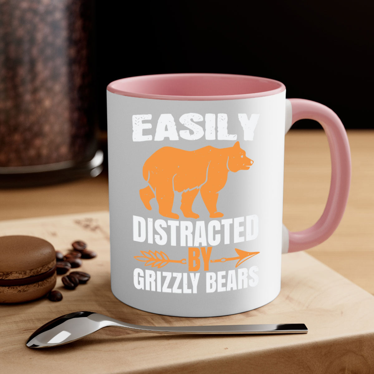 Easily Distracted by Grizzly Bears Mug with colorful handle and glossy finish, perfect for coffee lovers.