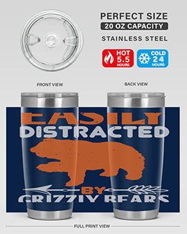 Easily Distracted by Grizzly Bears tumbler, featuring a double wall vacuum stainless steel design with a fun bear-themed print.