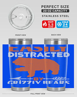 Easily Distracted by Grizzly Bears tumbler, featuring a double wall vacuum stainless steel design with a fun bear-themed print.