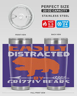 Easily Distracted by Grizzly Bears tumbler, featuring a double wall vacuum stainless steel design with a fun bear-themed print.
