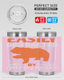 Easily Distracted by Grizzly Bears tumbler, featuring a double wall vacuum stainless steel design with a fun bear-themed print.
