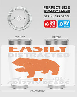 Easily Distracted by Grizzly Bears tumbler, featuring a double wall vacuum stainless steel design with a fun bear-themed print.
