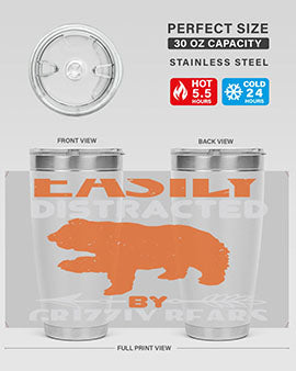 Easily Distracted by Grizzly Bears tumbler, featuring a double wall vacuum stainless steel design with a fun bear-themed print.