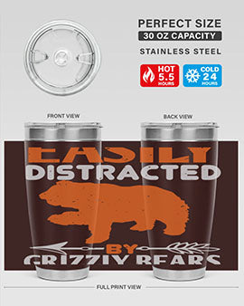 Easily Distracted by Grizzly Bears tumbler, featuring a double wall vacuum stainless steel design with a fun bear-themed print.