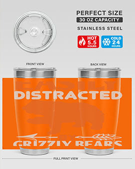 Easily Distracted by Grizzly Bears tumbler, featuring a double wall vacuum stainless steel design with a fun bear-themed print.