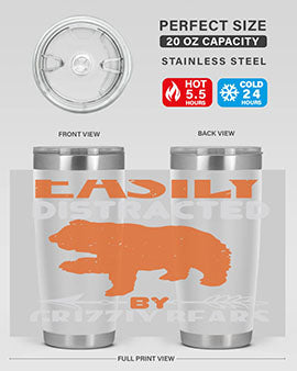 Easily Distracted by Grizzly Bears tumbler, featuring a double wall vacuum stainless steel design with a fun bear-themed print.