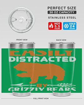 Easily Distracted by Grizzly Bears tumbler, featuring a double wall vacuum stainless steel design with a fun bear-themed print.