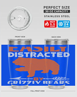 Easily Distracted by Grizzly Bears tumbler, featuring a double wall vacuum stainless steel design with a fun bear-themed print.