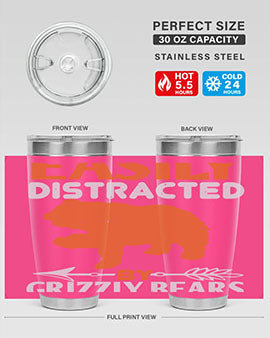 Easily Distracted by Grizzly Bears tumbler, featuring a double wall vacuum stainless steel design with a fun bear-themed print.