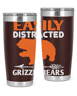 Easily Distracted by Grizzly Bears tumbler, featuring a double wall vacuum stainless steel design with a fun bear-themed print.