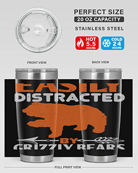 Easily Distracted by Grizzly Bears tumbler, featuring a double wall vacuum stainless steel design with a fun bear-themed print.