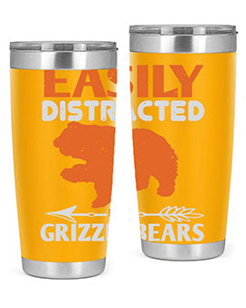 Easily Distracted by Grizzly Bears tumbler, featuring a double wall vacuum stainless steel design with a fun bear-themed print.