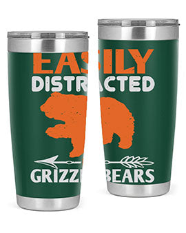 Easily Distracted by Grizzly Bears tumbler, featuring a double wall vacuum stainless steel design with a fun bear-themed print.