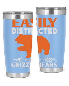 Easily Distracted by Grizzly Bears tumbler, featuring a double wall vacuum stainless steel design with a fun bear-themed print.