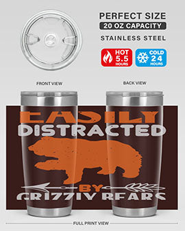 Easily Distracted by Grizzly Bears tumbler, featuring a double wall vacuum stainless steel design with a fun bear-themed print.