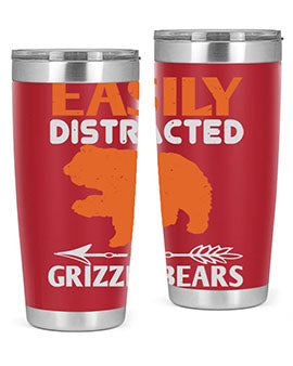 Easily Distracted by Grizzly Bears tumbler, featuring a double wall vacuum stainless steel design with a fun bear-themed print.