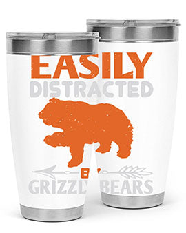 Easily Distracted by Grizzly Bears tumbler, featuring a double wall vacuum stainless steel design with a fun bear-themed print.