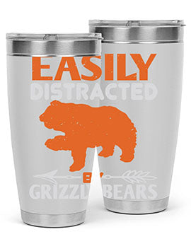 Easily Distracted by Grizzly Bears tumbler, featuring a double wall vacuum stainless steel design with a fun bear-themed print.