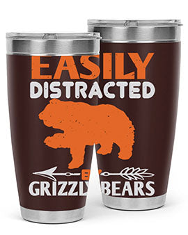 Easily Distracted by Grizzly Bears tumbler, featuring a double wall vacuum stainless steel design with a fun bear-themed print.