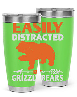 Easily Distracted by Grizzly Bears tumbler, featuring a double wall vacuum stainless steel design with a fun bear-themed print.