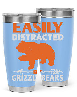 Easily Distracted by Grizzly Bears tumbler, featuring a double wall vacuum stainless steel design with a fun bear-themed print.