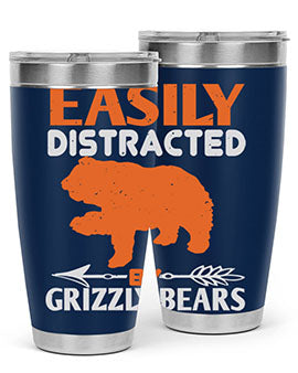 Easily Distracted by Grizzly Bears tumbler, featuring a double wall vacuum stainless steel design with a fun bear-themed print.
