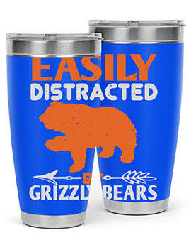 Easily Distracted by Grizzly Bears tumbler, featuring a double wall vacuum stainless steel design with a fun bear-themed print.