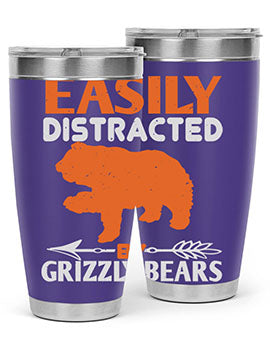 Easily Distracted by Grizzly Bears tumbler, featuring a double wall vacuum stainless steel design with a fun bear-themed print.