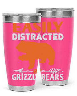 Easily Distracted by Grizzly Bears tumbler, featuring a double wall vacuum stainless steel design with a fun bear-themed print.